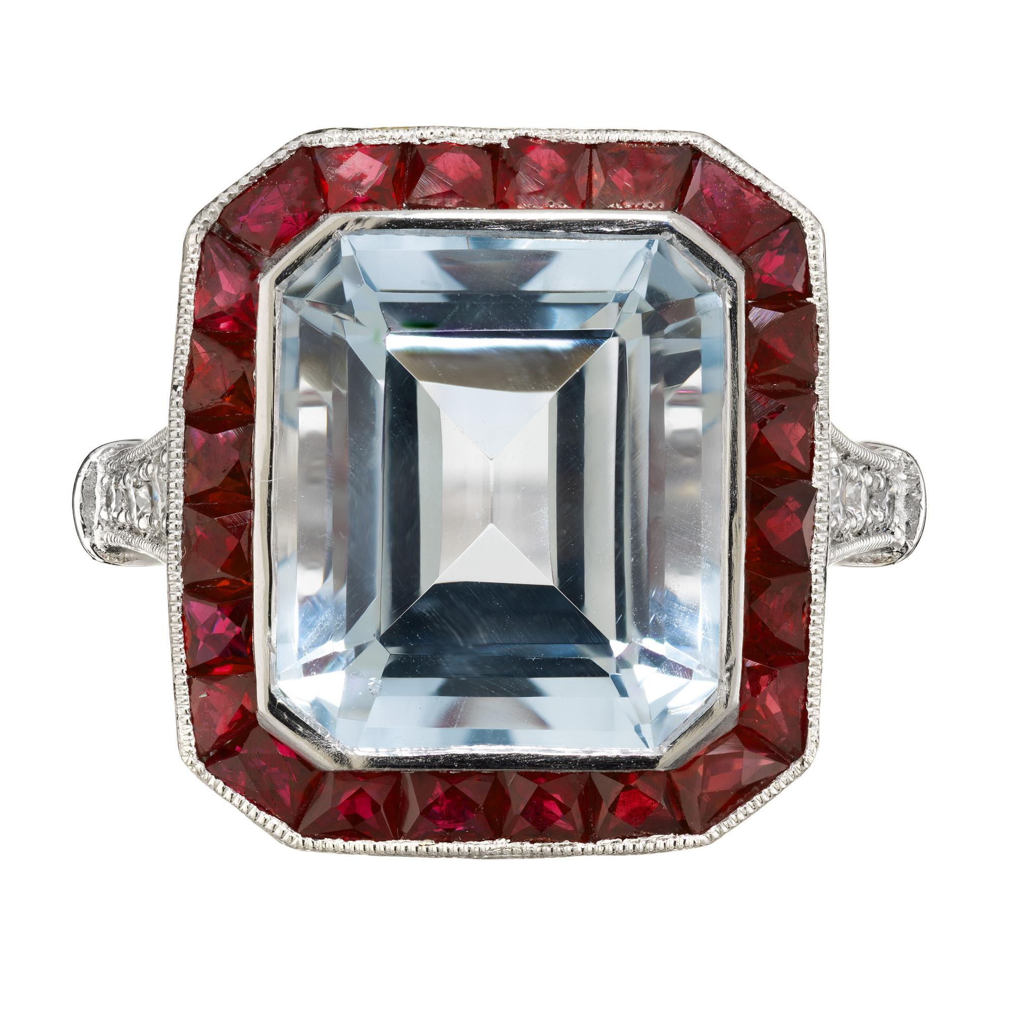 Round Cut 10.35 Carat Rectangle Aquamarine Ruby Diamond Platinum Engagement Ring  For Sale