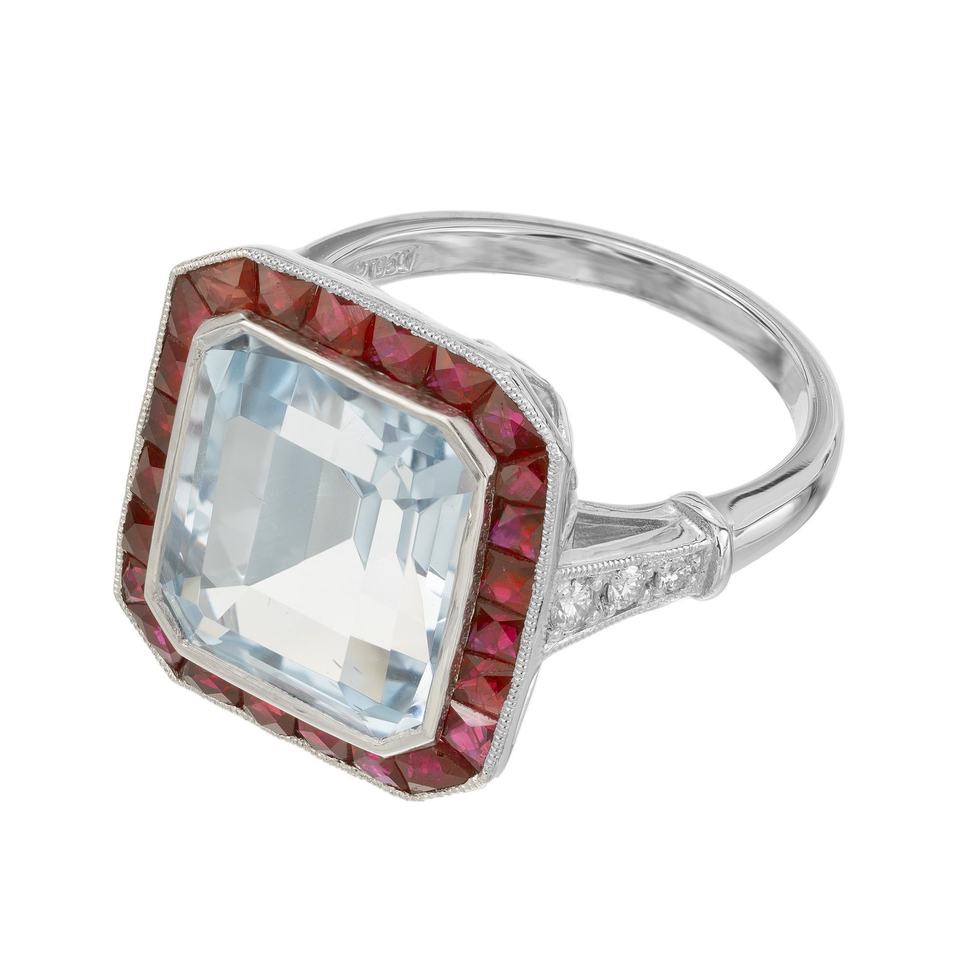 10.35 Carat Rectangle Aquamarine Ruby Diamond Platinum Engagement Ring In Good Condition For Sale In Stamford, CT