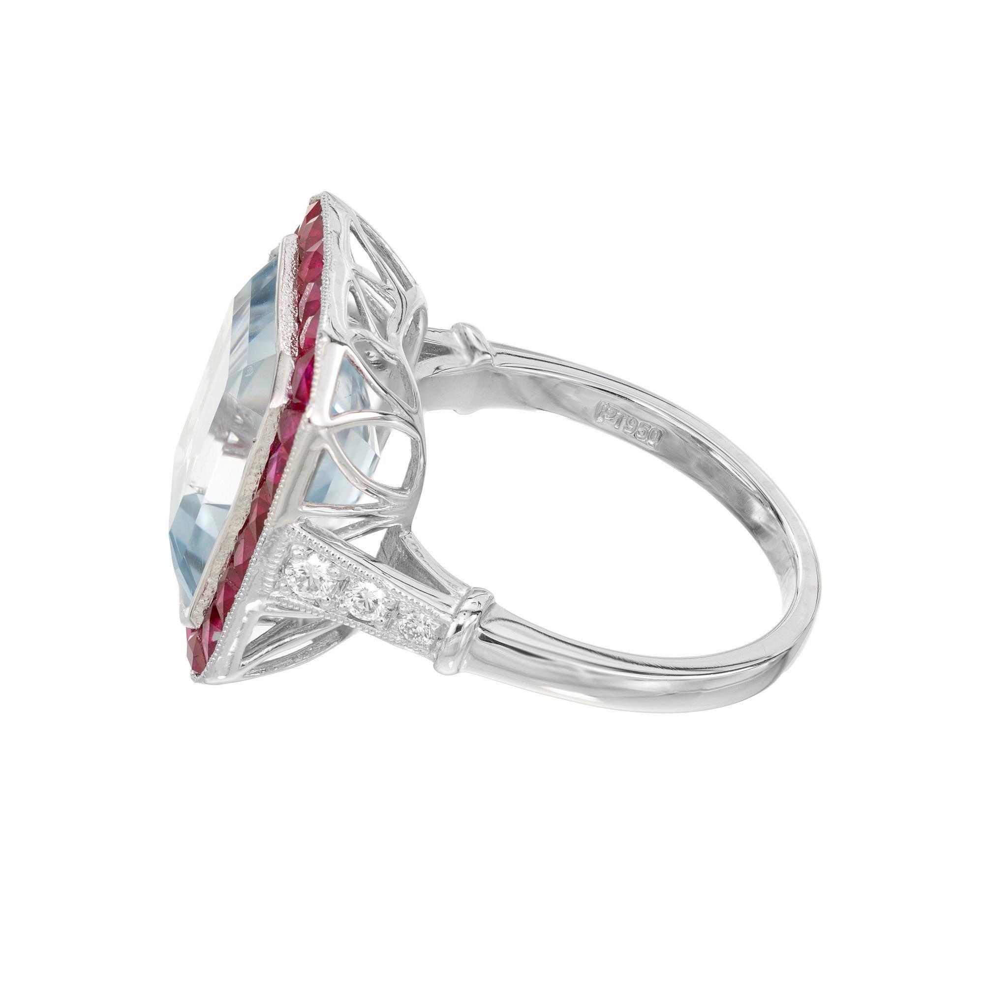 Women's 10.35 Carat Rectangle Aquamarine Ruby Diamond Platinum Engagement Ring  For Sale