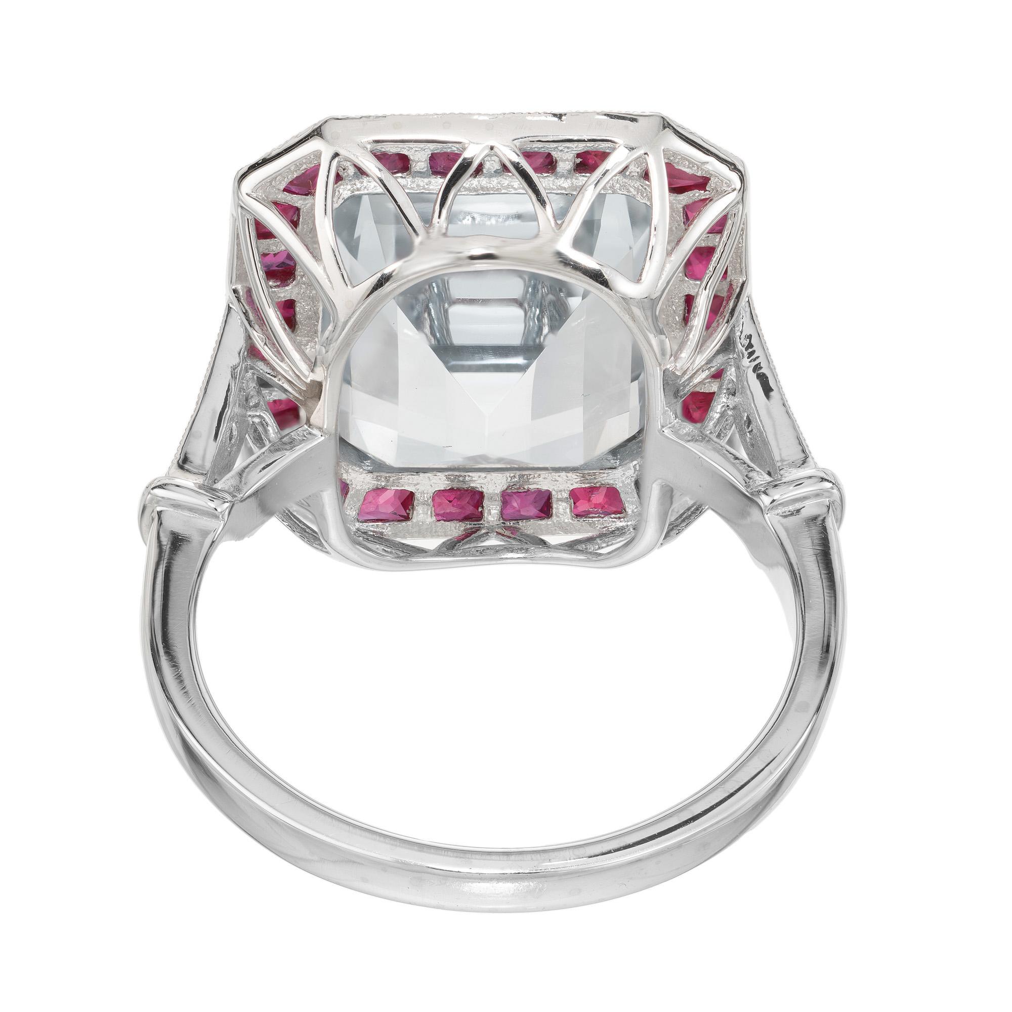 10.35 Carat Rectangle Aquamarine Ruby Diamond Platinum Engagement Ring  For Sale 1