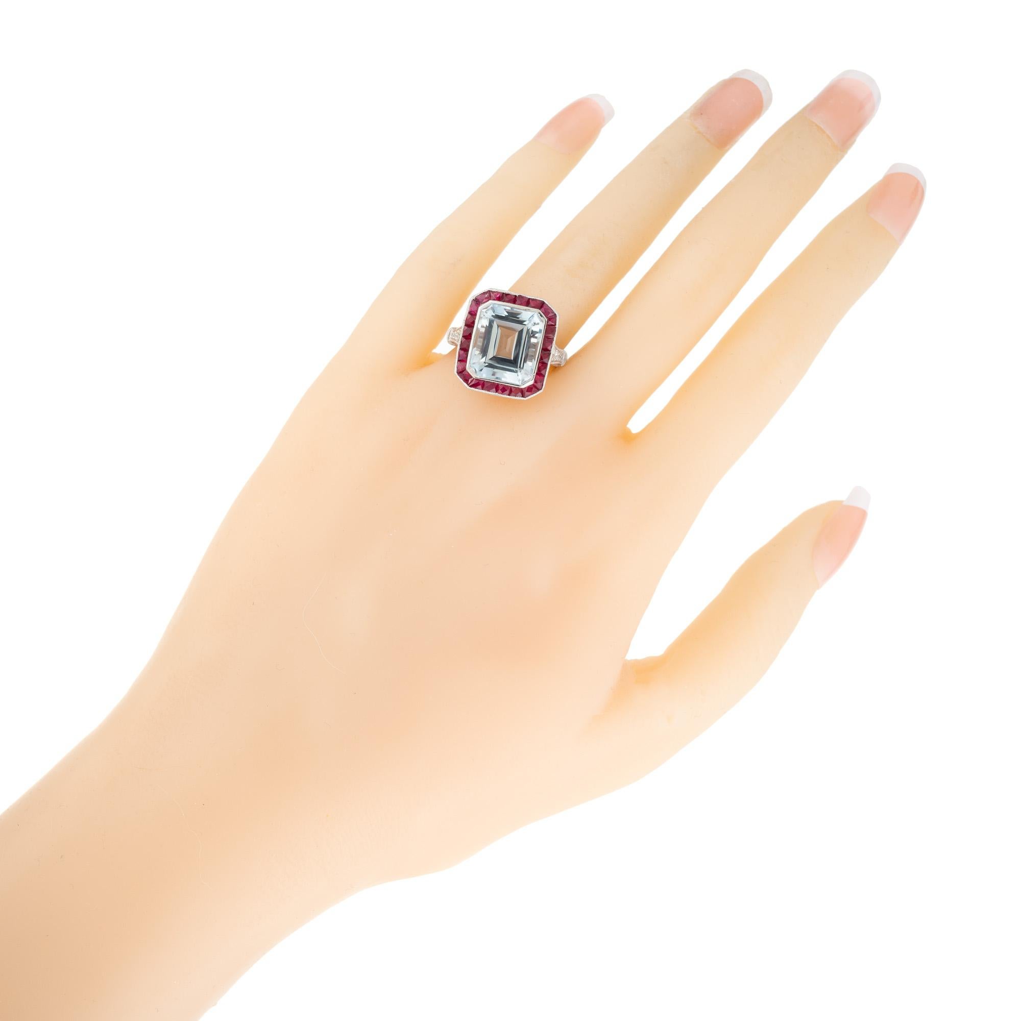 10.35 Carat Rectangle Aquamarine Ruby Diamond Platinum Engagement Ring  For Sale 3
