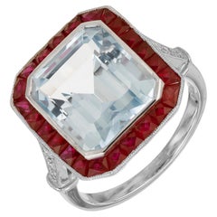 Antique 10.35 Carat Rectangle Aquamarine Ruby Diamond Platinum Engagement Ring 
