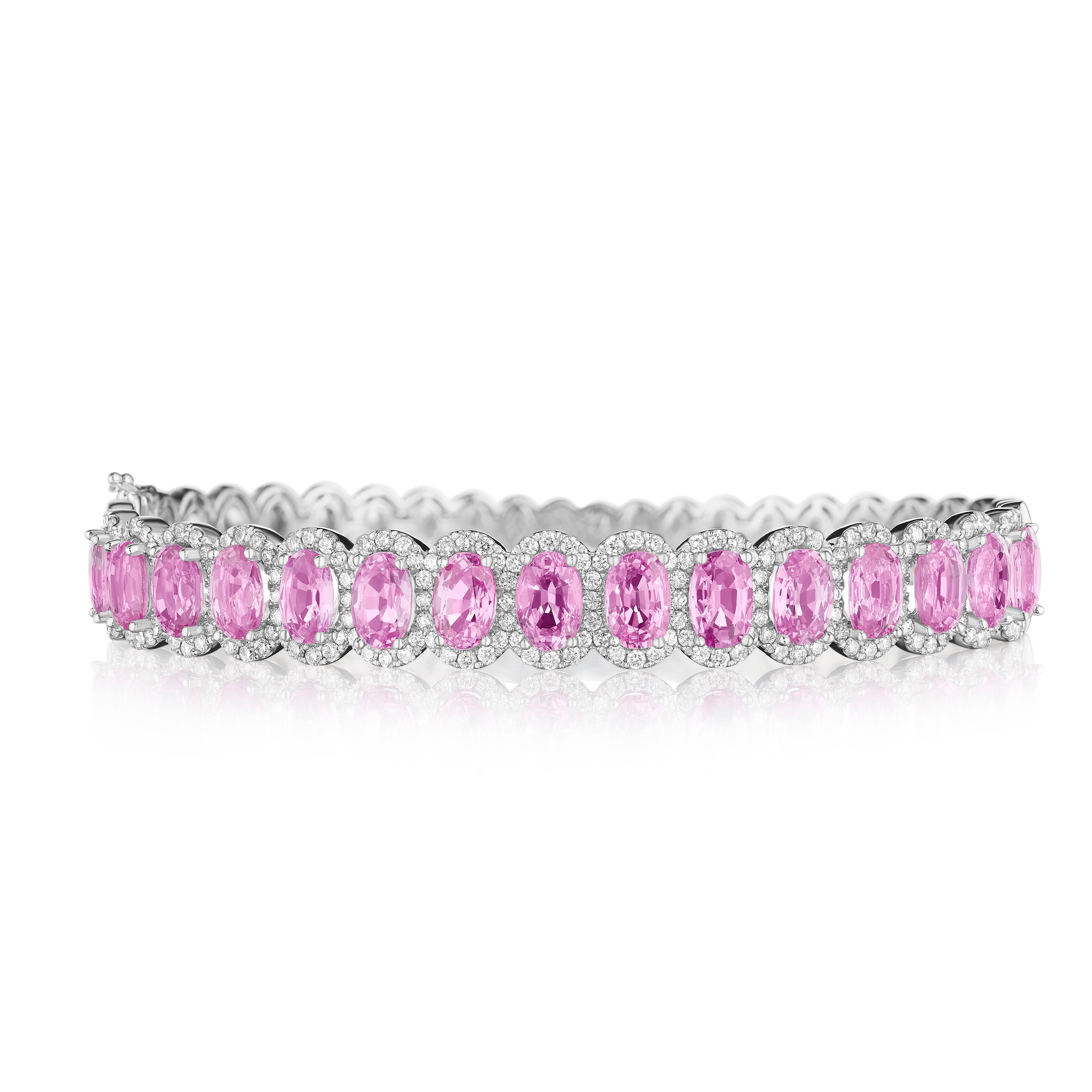 Contemporary 10.35ct Pink Sapphire & Diamond Bangle in 14KT Gold For Sale