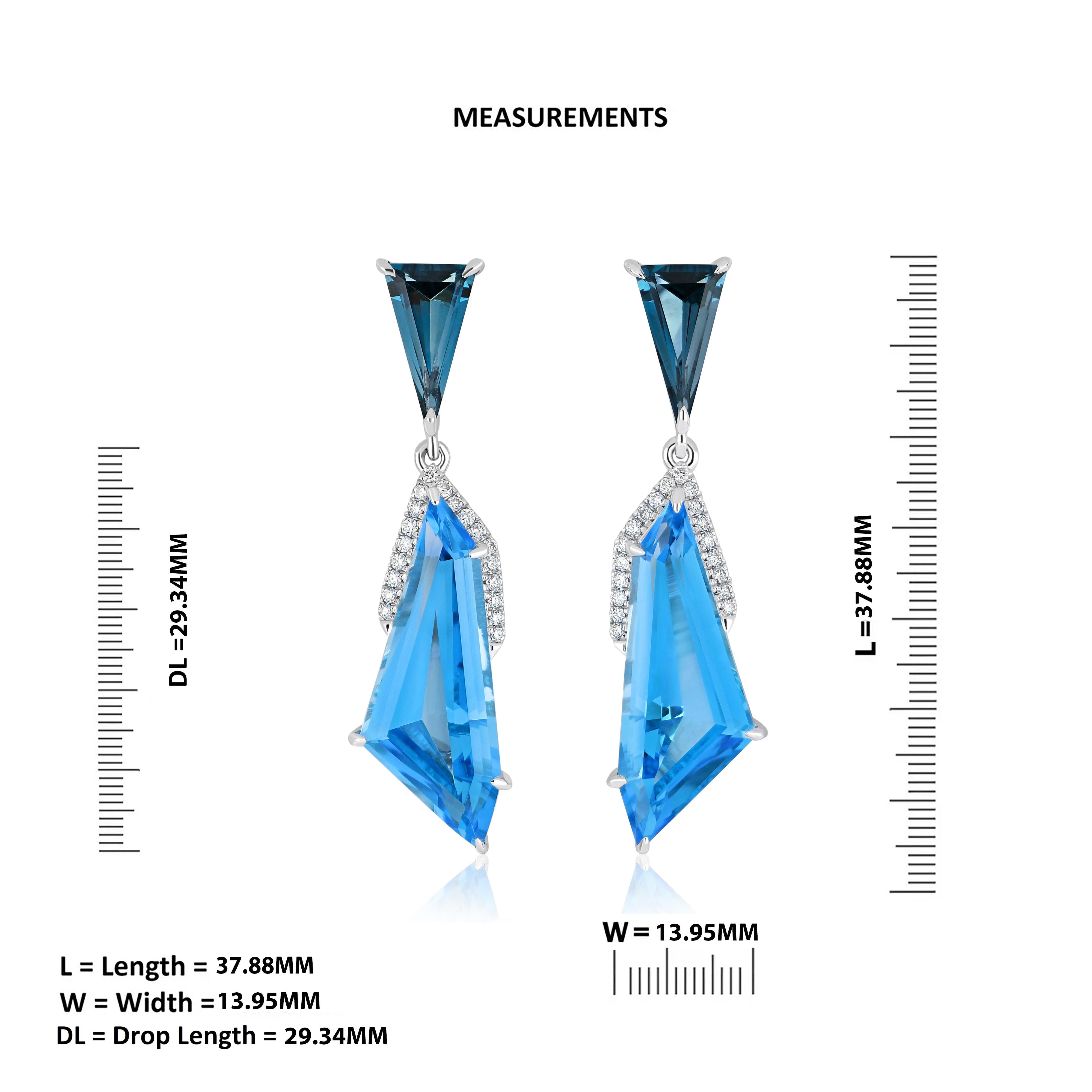 Boucles d'oreilles en or blanc 14 carats avec topaze bleue suisse 10,35 carats, topaze bleue de Londres et diamants en vente 2