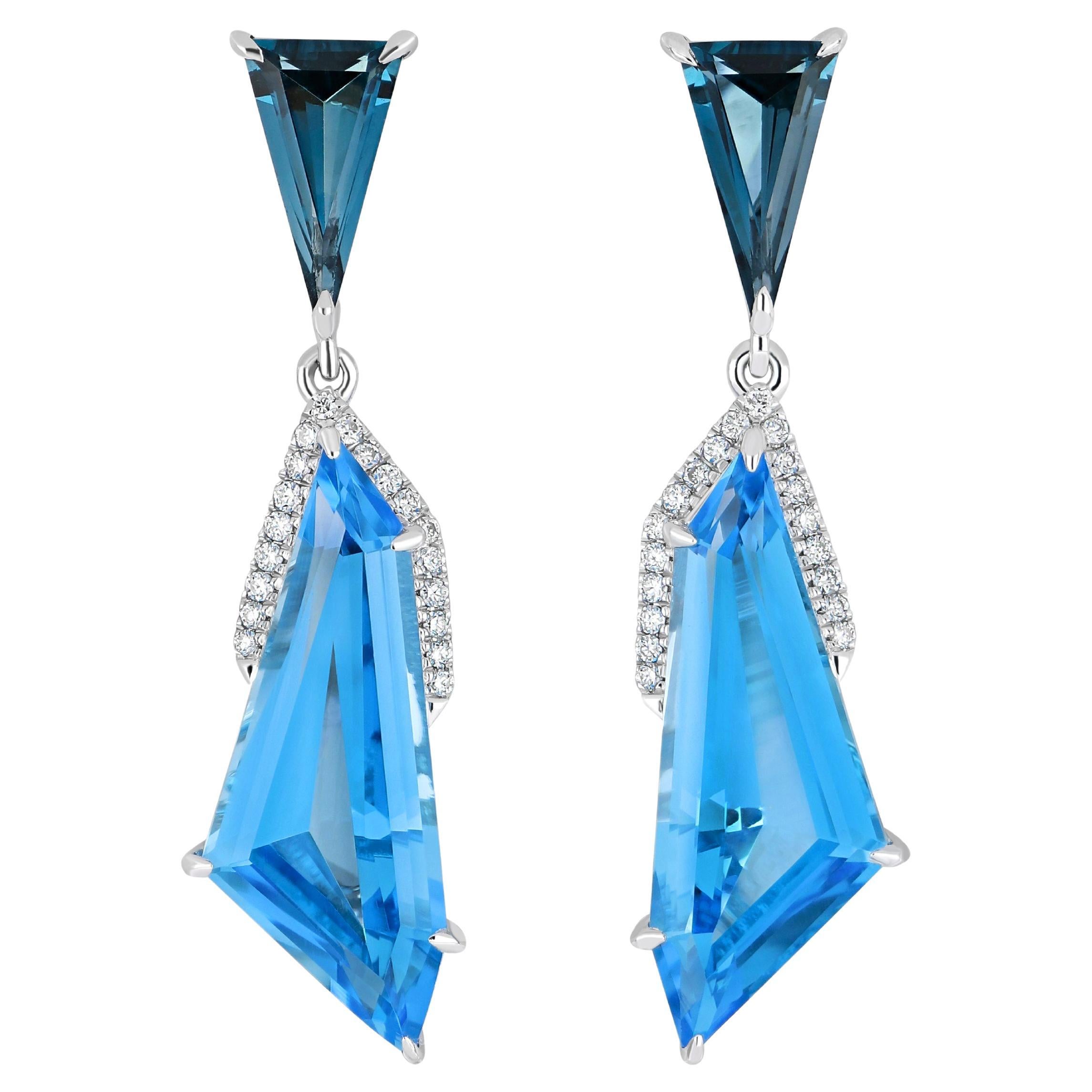 10.35Ct's Swiss Blue Topaz, London Blue Topaz and Diamond Earring 14k White Gold