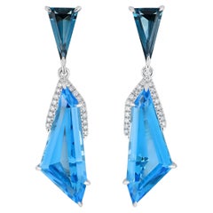 10.35Ct's Swiss Blue Topaz, London Blue Topaz and Diamond Earring 14k White Gold