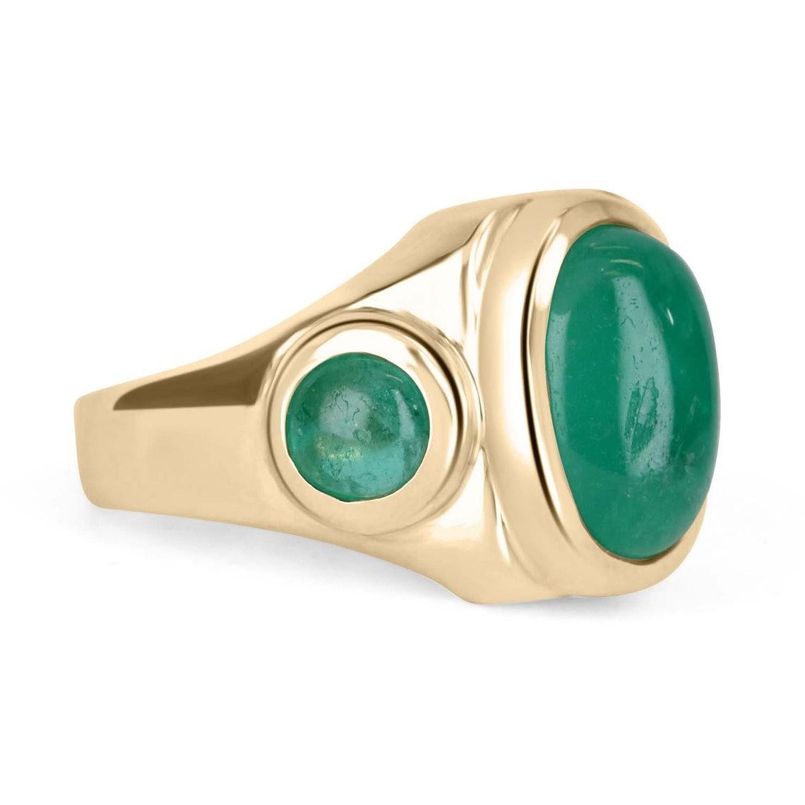 This men's 14K earth mined cabochon emerald three stone solid gold solitaire ring says it all. This ring is completely handmade and designed with genuine materials from our emerald collection. The cabochon gemstones are natural and come directly