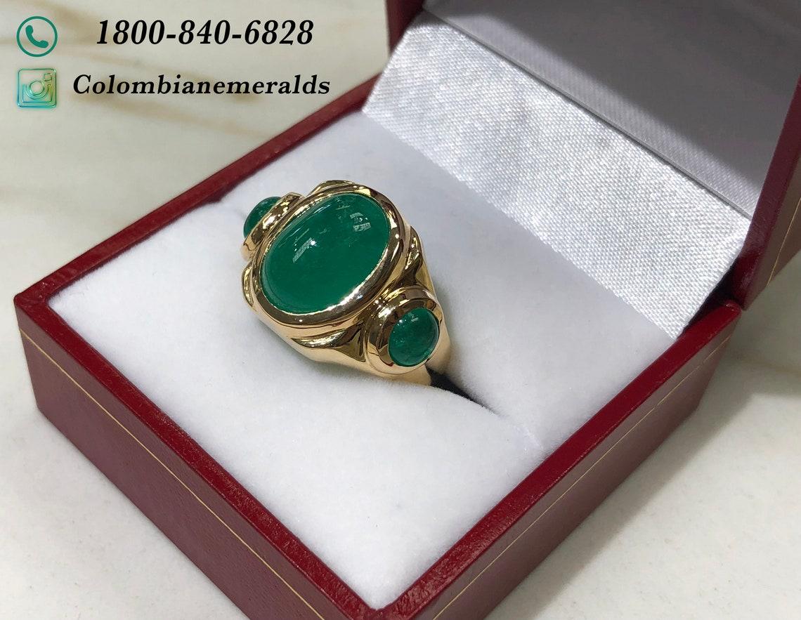 Cabochon 10.35tcw 14K Colombian Emerald-Oval Cut Three Stone Men's Gold Ring For Sale