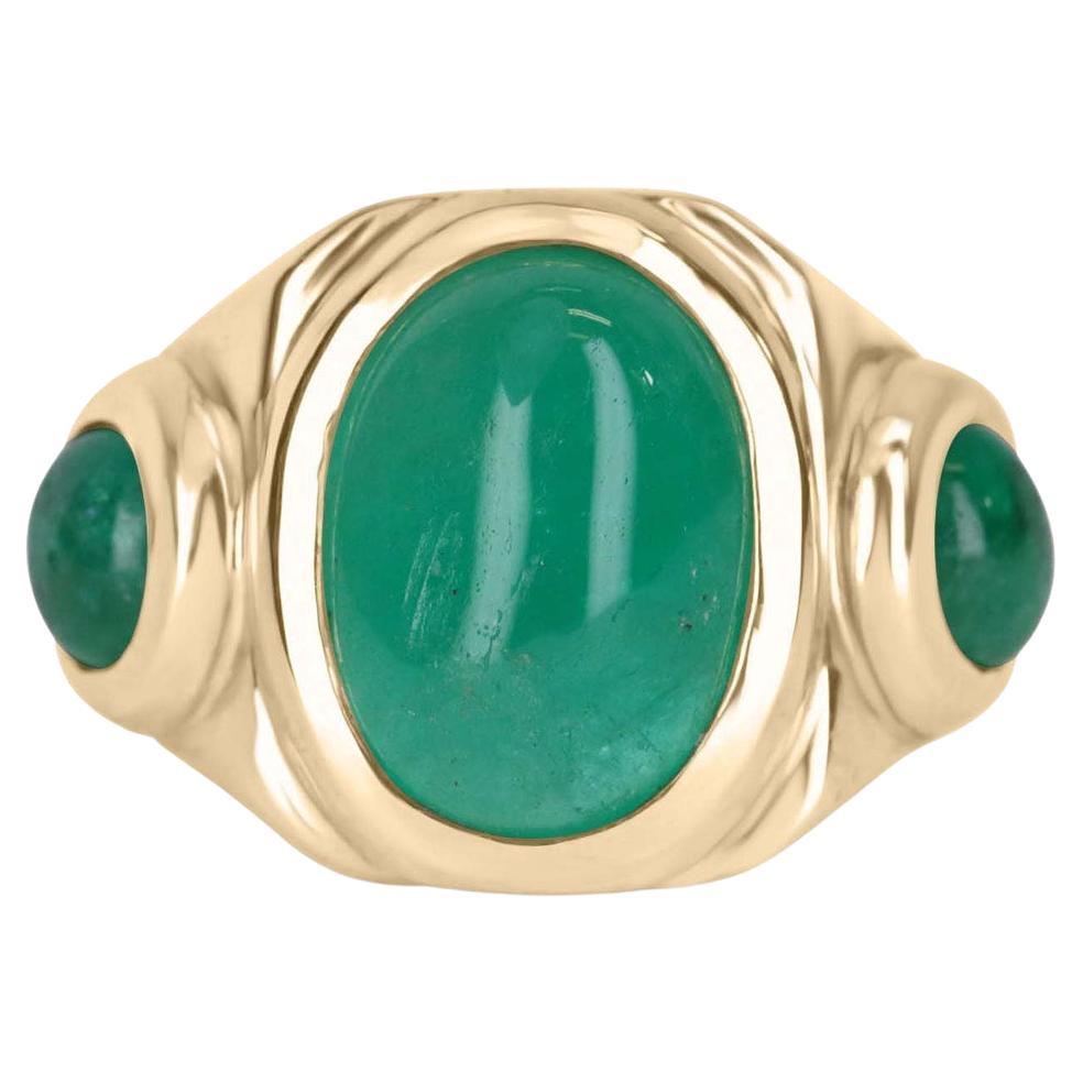 10.35tcw 14K Colombian Emerald-Oval Cut Three Stone Men's Gold Ring For Sale