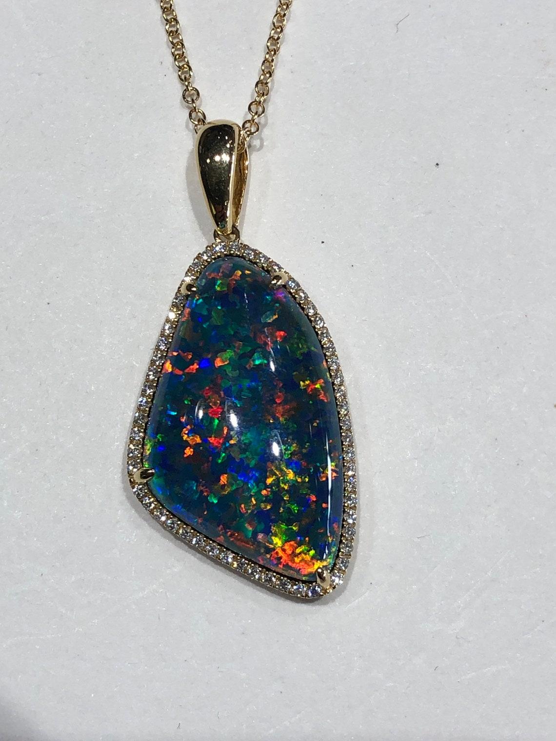 Contemporary 10.36 Black Carat Australian Opal Diamond Necklace 18 Karat Yellow Gold