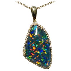 10.36 Black Carat Australian Opal Diamond Necklace 18 Karat Yellow Gold