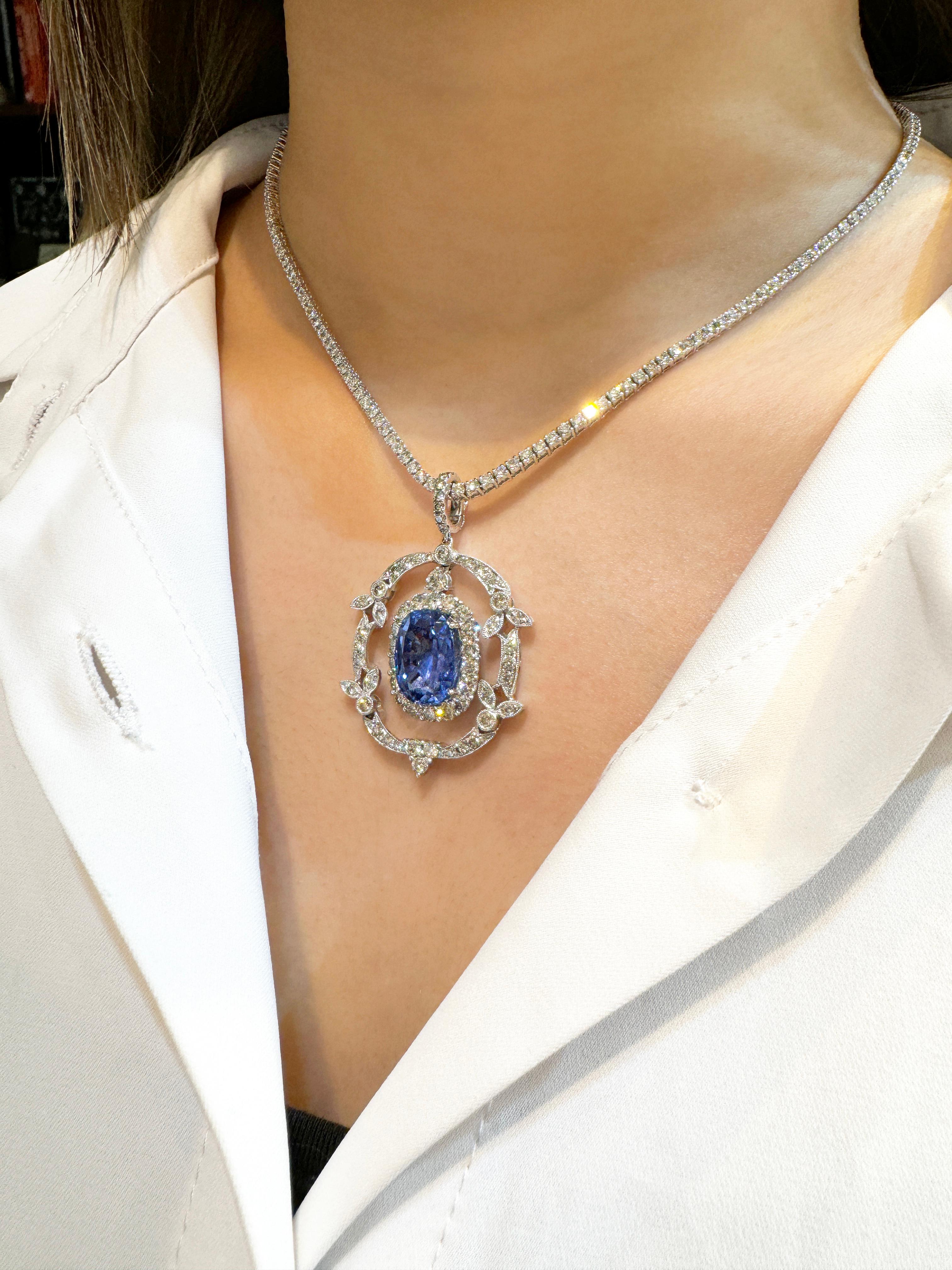 10.36 Carat Oval Cut No Heat Sri Lanka Blue Sapphire Drop Pendant Necklace For Sale 1