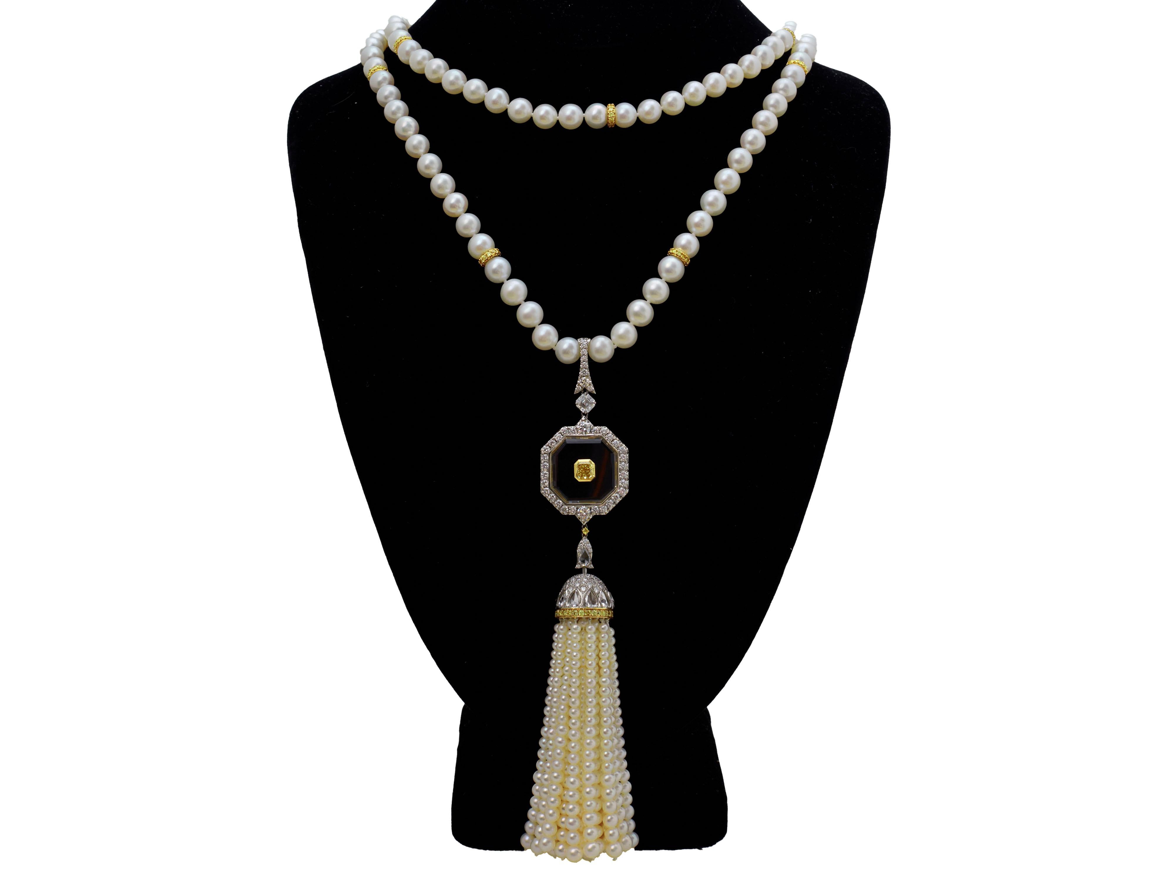 Art Deco 10.36 Carat Vivid Yellow & White Diamonds & Pearls Tassel Necklace, 18K Gold For Sale