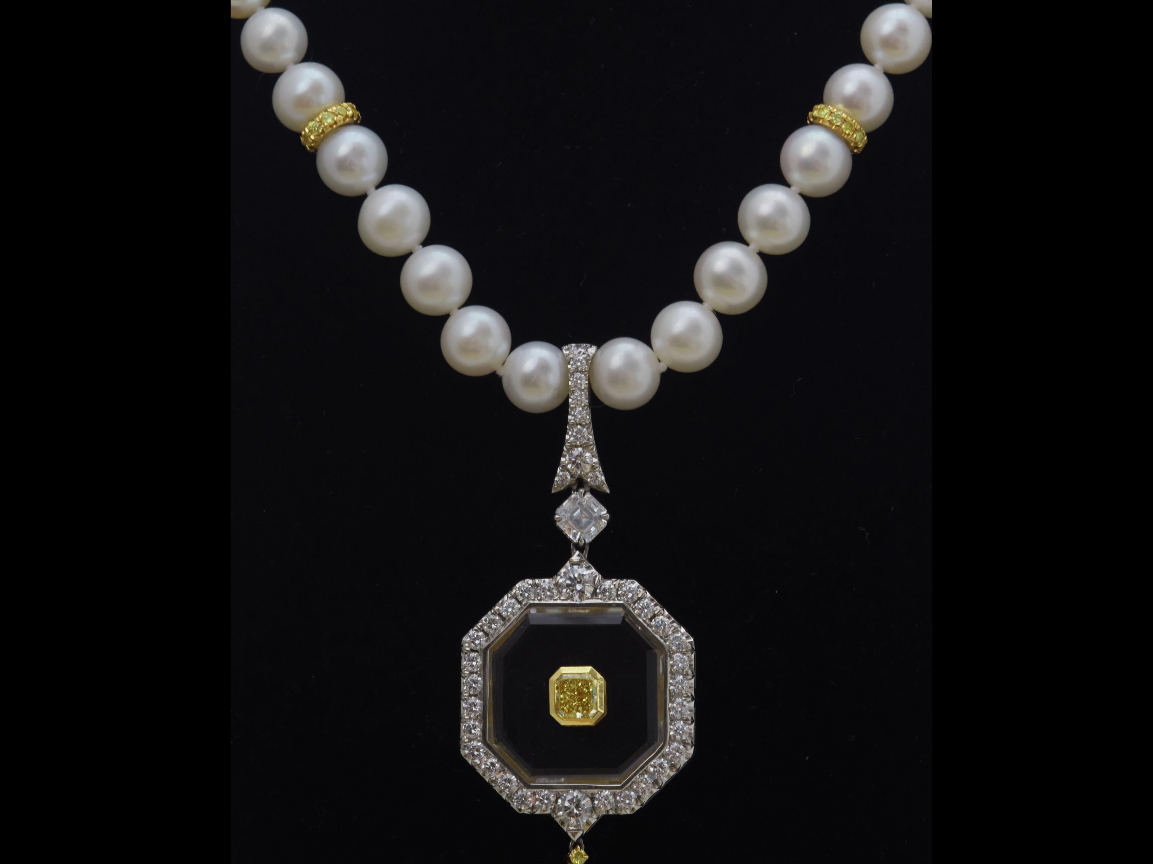 Radiant Cut 10.36 Carat Vivid Yellow & White Diamonds & Pearls Tassel Necklace, 18K Gold For Sale