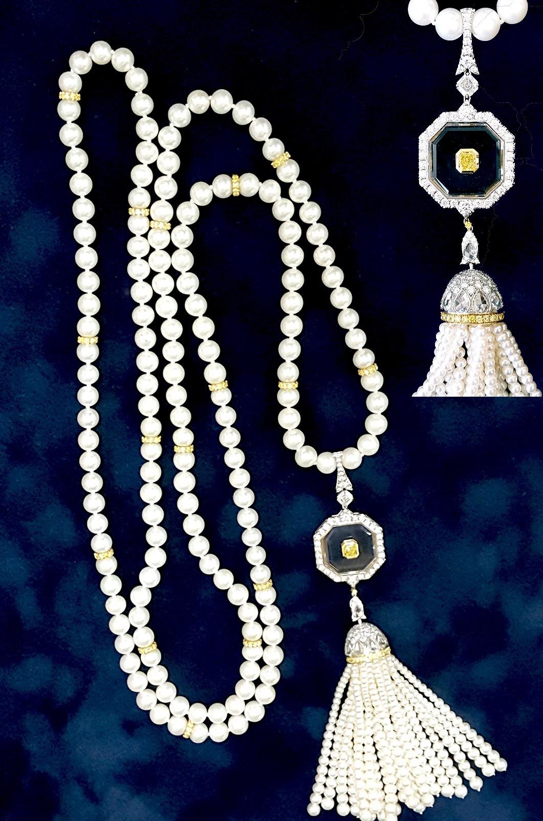 Women's 10.36 Carat Vivid Yellow & White Diamonds & Pearls Tassel Necklace, 18K Gold For Sale