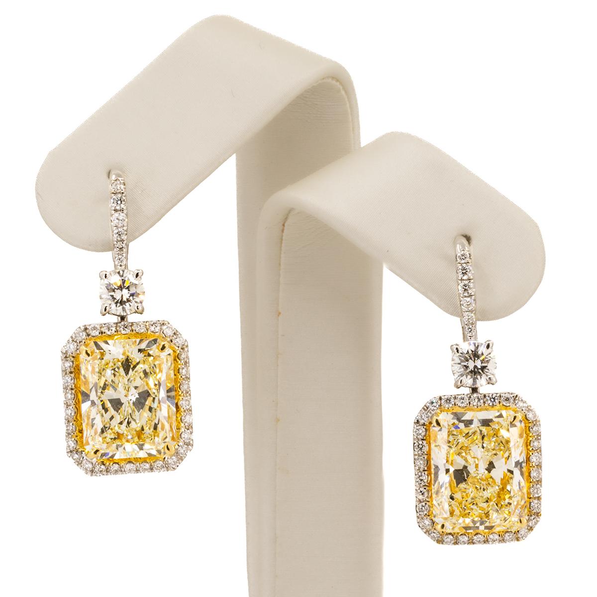 Radiant Cut 10.36 Carat Yellow Diamond Earrings For Sale