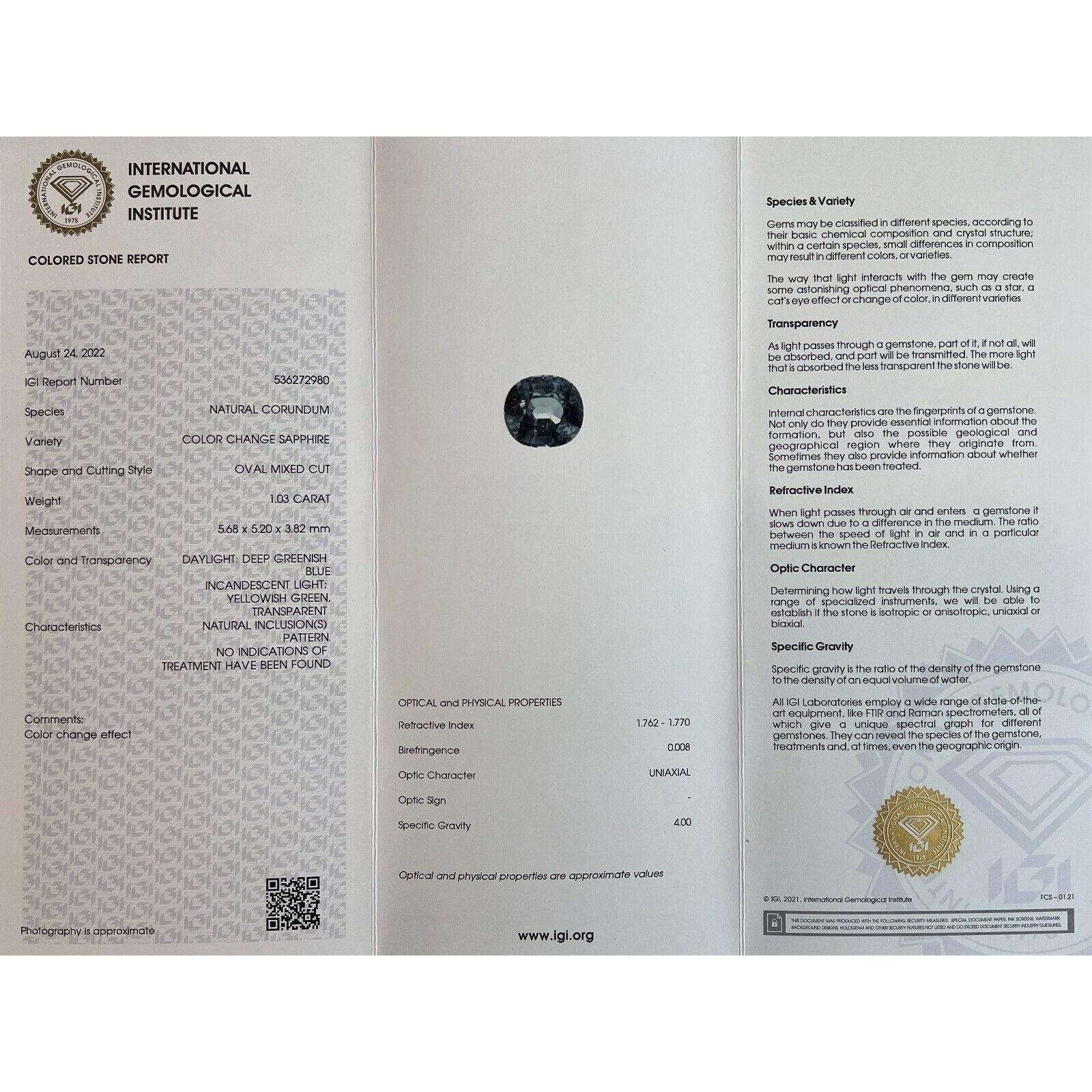 1,03 Karat Farbwechsel Saphir Seltener Grüner Blauer unbehandelter Ovalschliff IGI zertifiziert im Angebot 8