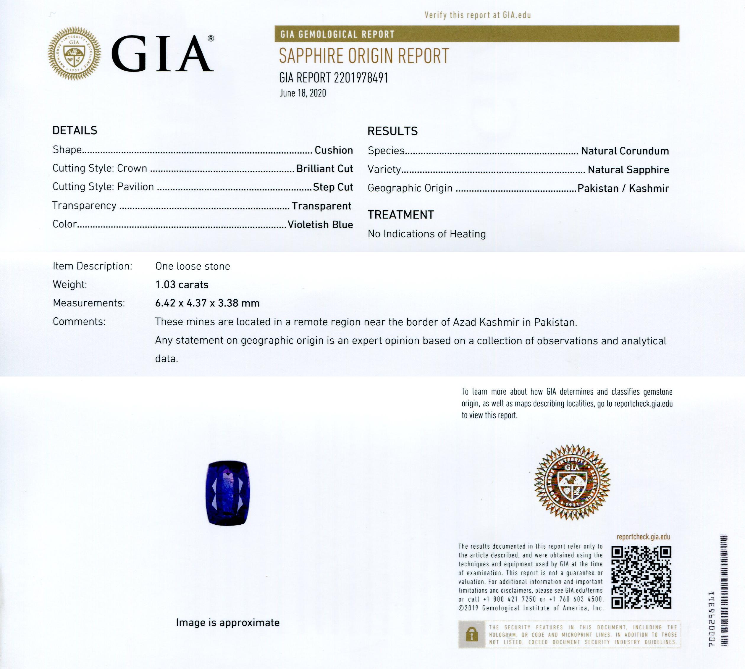 This is a stunning GIA Certified Sapphire

The GIA report reads as follows:

GIA Report Number: 2201978491
Shape: Cushion
Cutting Style: 
Cutting Style: Crown: Brilliant Cut
Cutting Style: Pavilion: Step Cut
Transparency: Transparent
Color: