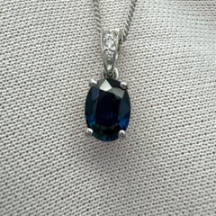 1.03ct Deep Blue Oval Cut Sapphire & Diamond Platinum Solitaire Pendant Necklace