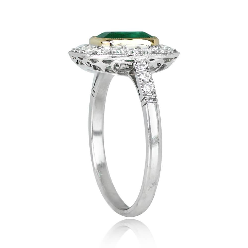 Art Deco 1.03ct Emerald Cut Emerald Engagement Ring, Diamond Halo, Platinum  For Sale