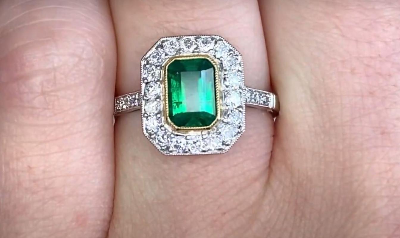 1.03ct Emerald Cut Emerald Engagement Ring, Diamond Halo, Platinum  In Excellent Condition For Sale In New York, NY
