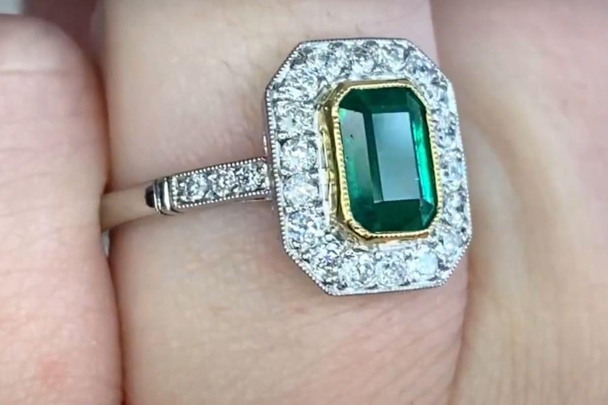 Women's 1.03ct Emerald Cut Emerald Engagement Ring, Diamond Halo, Platinum  For Sale
