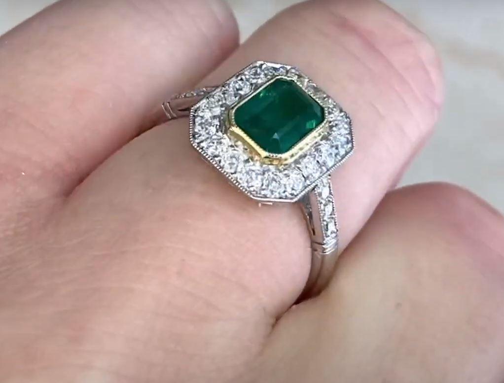 1.03ct Emerald Cut Emerald Engagement Ring, Diamond Halo, Platinum  For Sale 1