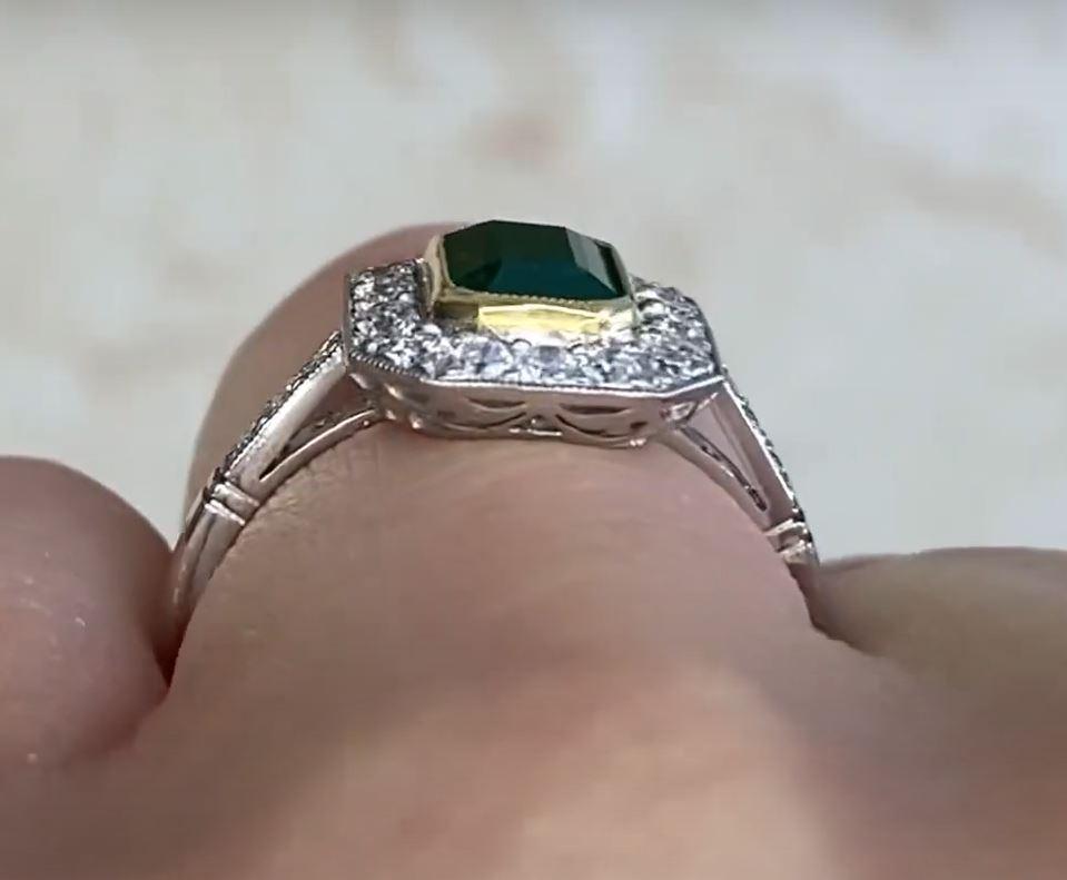 1.03ct Emerald Cut Emerald Engagement Ring, Diamond Halo, Platinum  For Sale 2