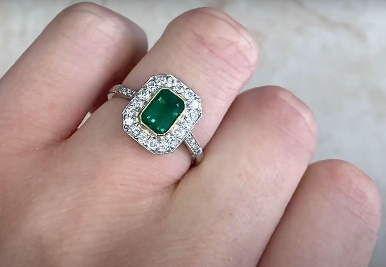 1.03ct Emerald Cut Emerald Engagement Ring, Diamond Halo, Platinum  For Sale 3