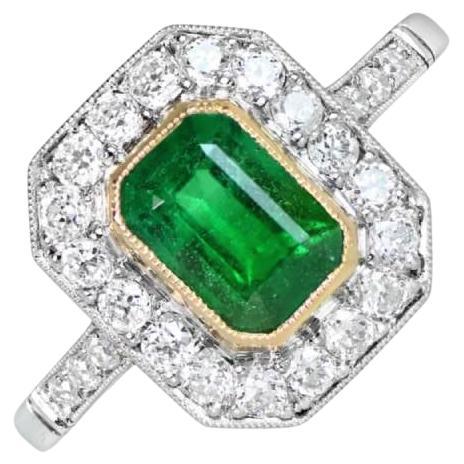 1.03ct Emerald Cut Emerald Engagement Ring, Diamond Halo, Platinum  For Sale