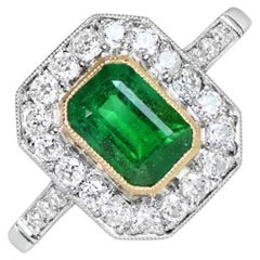 1.03ct Emerald Cut Emerald Engagement Ring, Diamond Halo, Platinum 