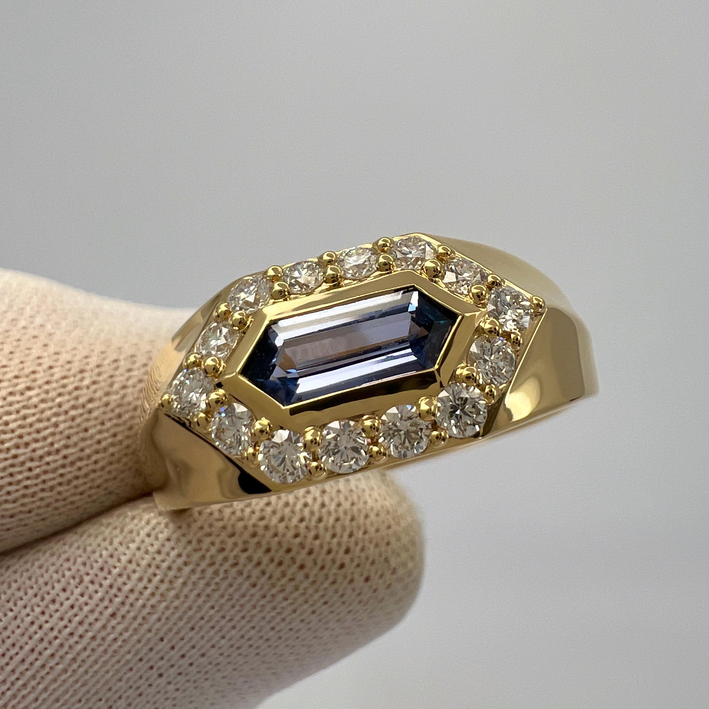 1.03ct Fancy Pentagon Ceylon Blue Sapphire & Diamond 18k Gold Halo Signet Ring en vente 5