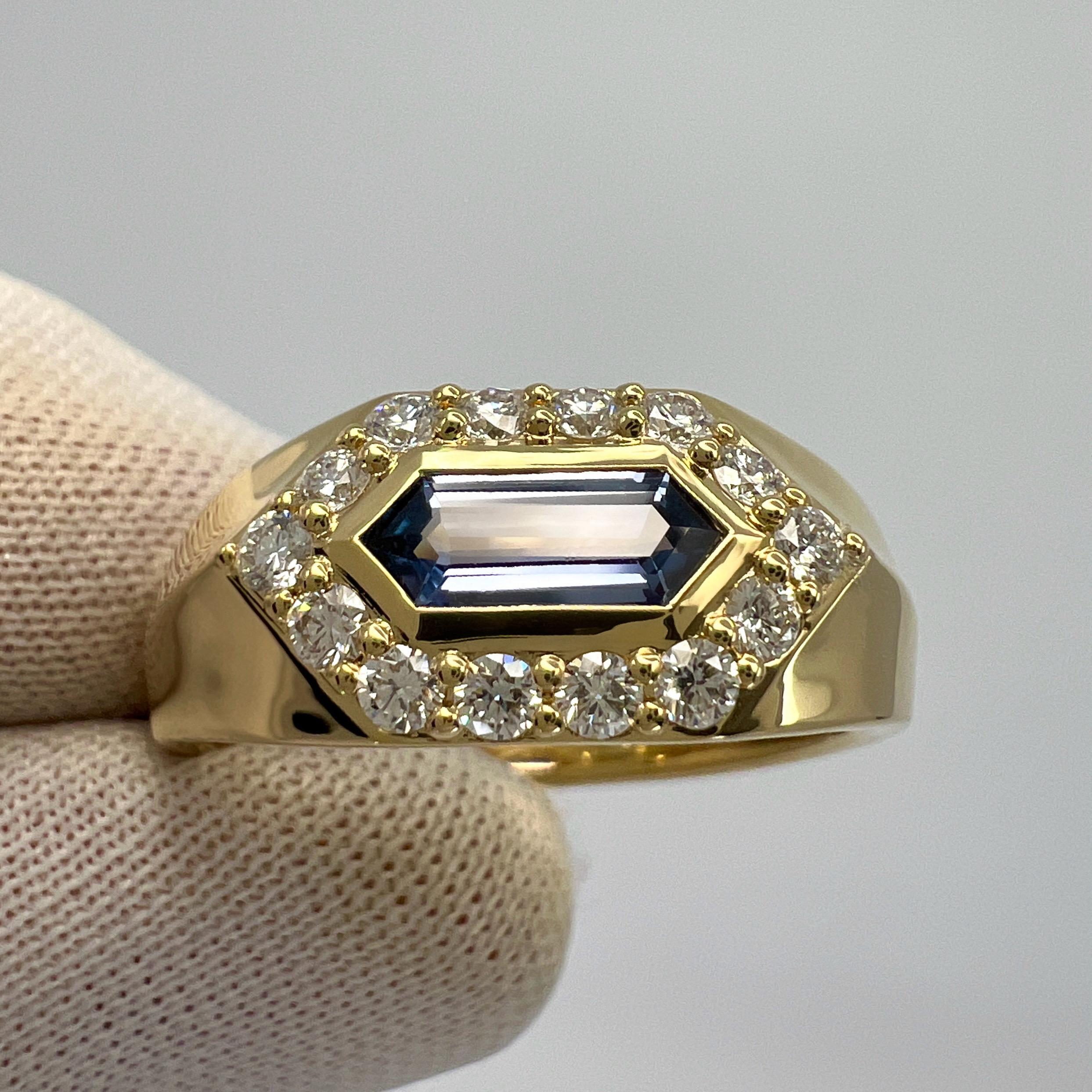 Taille mixte 1.03ct Fancy Pentagon Ceylon Blue Sapphire & Diamond 18k Gold Halo Signet Ring en vente