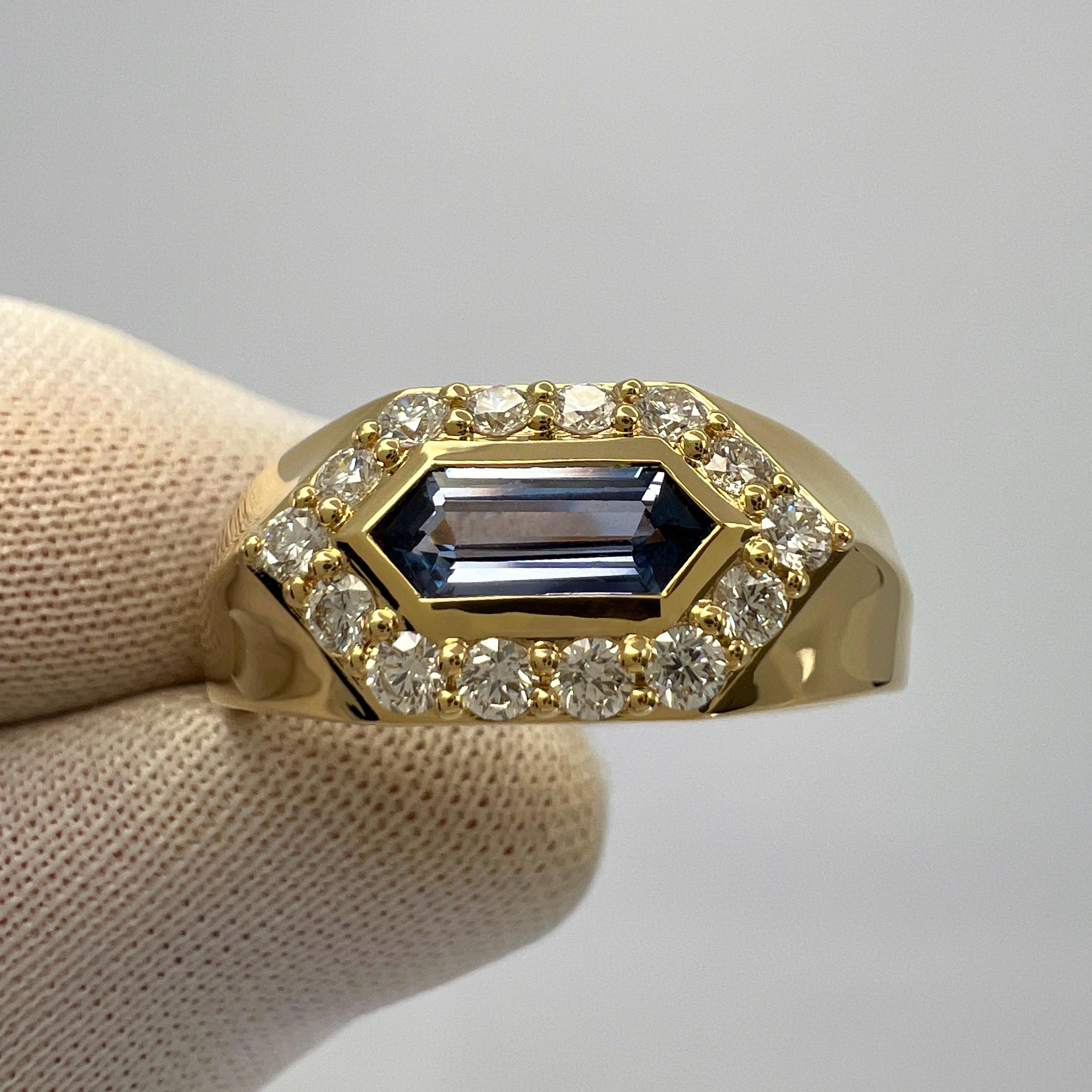 1.03ct Fancy Pentagon Ceylon Blue Sapphire & Diamond 18k Gold Halo Signet Ring en vente 1
