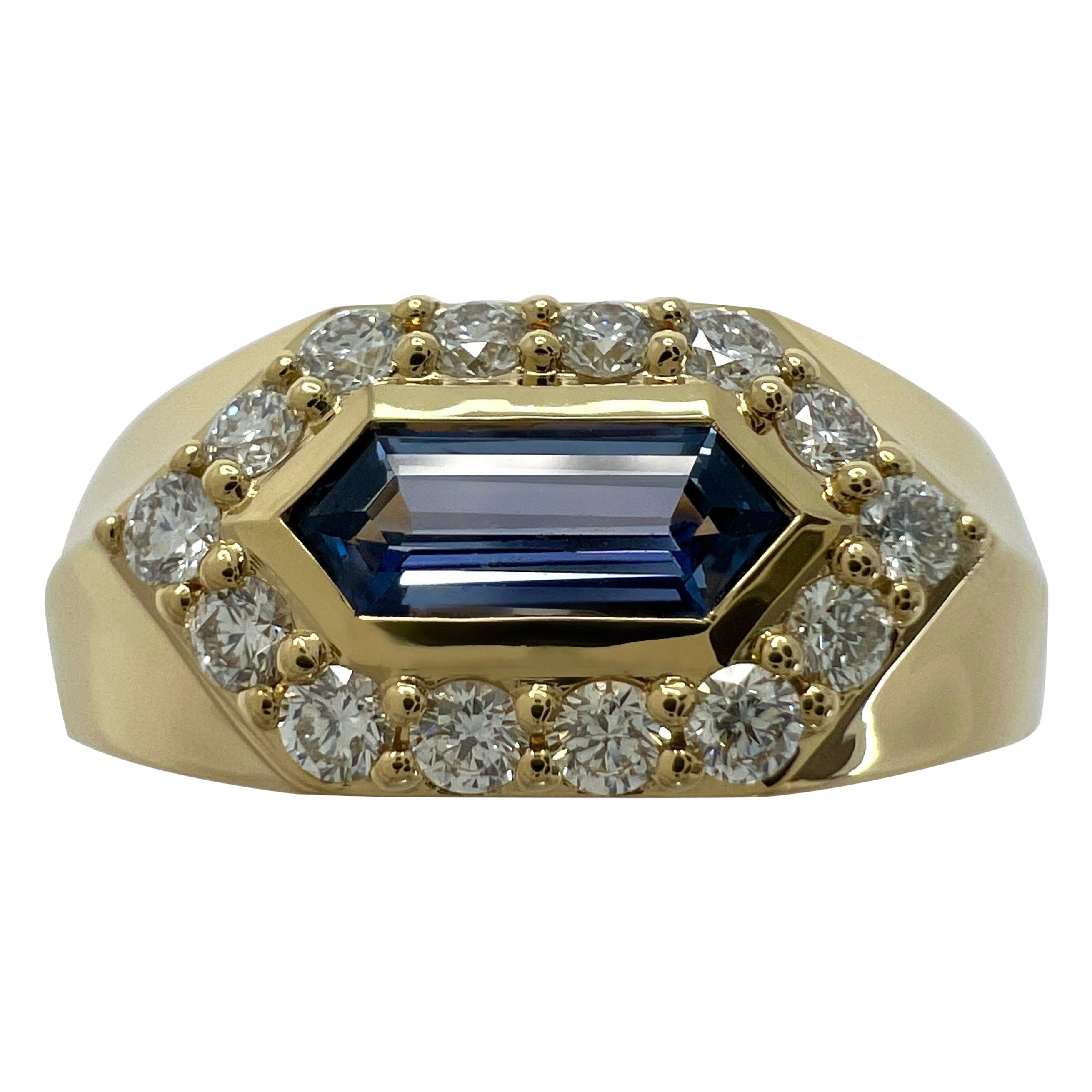 1,03 Karat Ausgefallener Pentagon Ceylon Blauer Saphir & Diamant 18k Gold Halo Siegelring