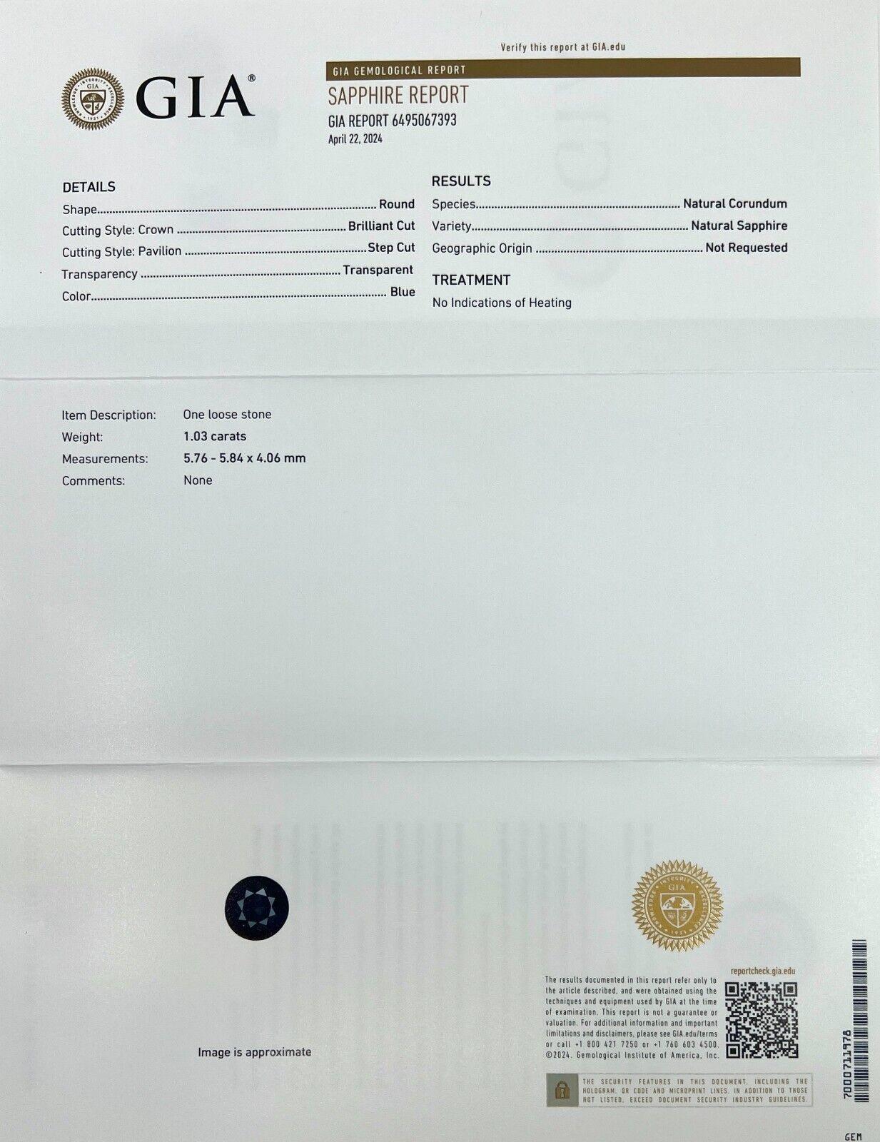 1.03ct Gia Certified Blue Sapphire Untreated Round Cut Rare Gemstone Vvs

GIA Certified Natural Blue Sapphire Gemstone.
1.03 Carat sapphire with a deep blue colour and excellent clarity, a very clean stone. VVS.
Fully certified by GIA as natural and