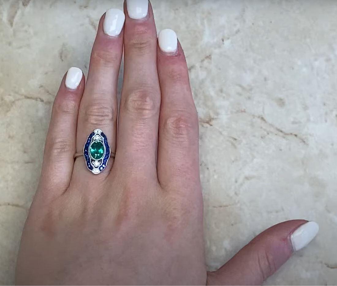 1.03ct Oval Cut Natural Emerald Cocktail Ring, Sapphire Halo, Platinum For Sale 5