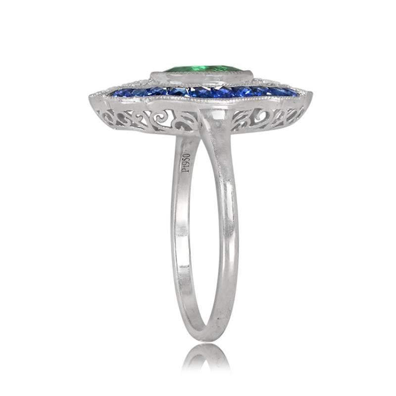 Egyptian Revival 1.03ct Oval Cut Natural Emerald Cocktail Ring, Sapphire Halo, Platinum For Sale