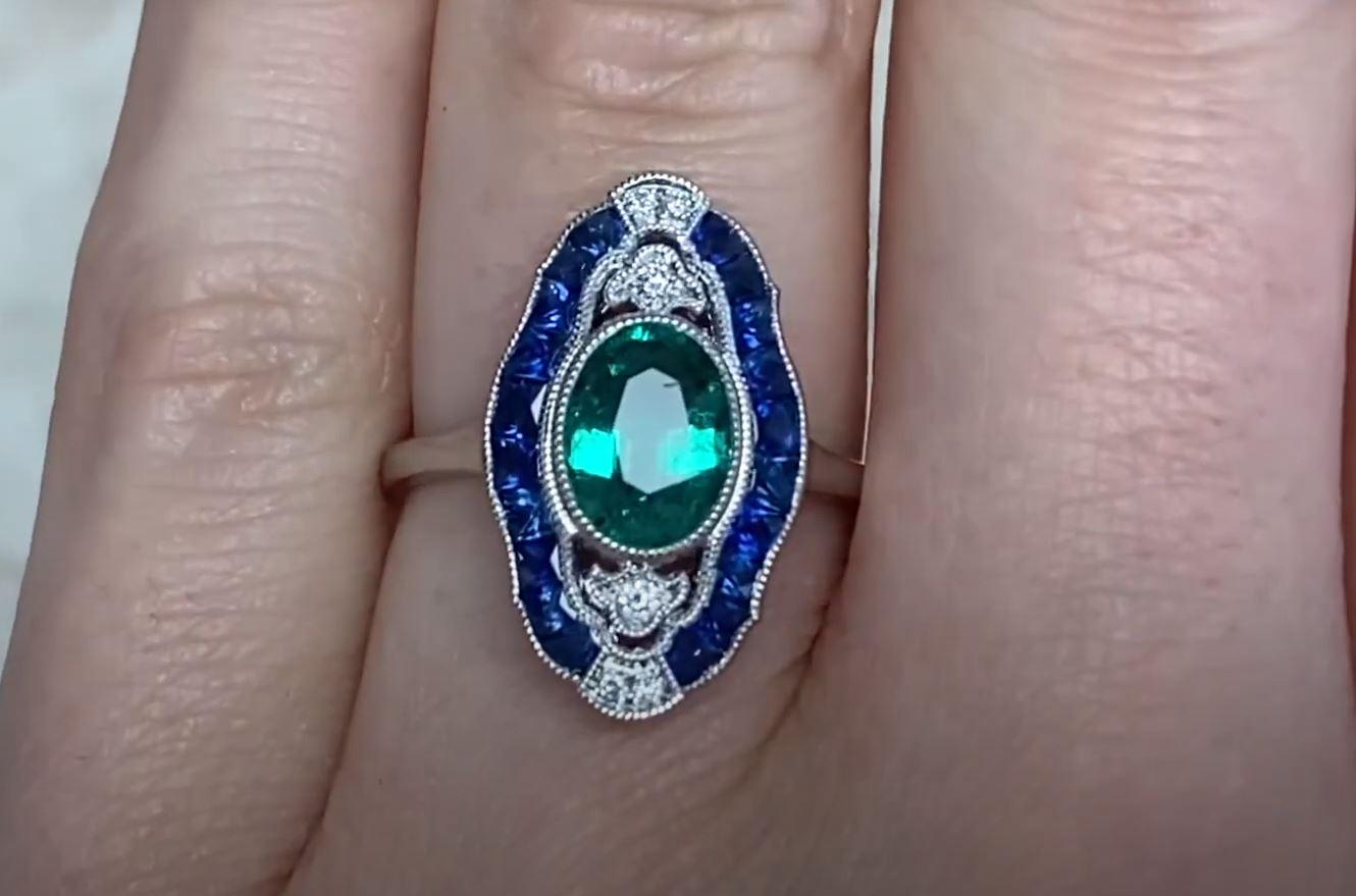 Women's 1.03ct Oval Cut Natural Emerald Cocktail Ring, Sapphire Halo, Platinum For Sale