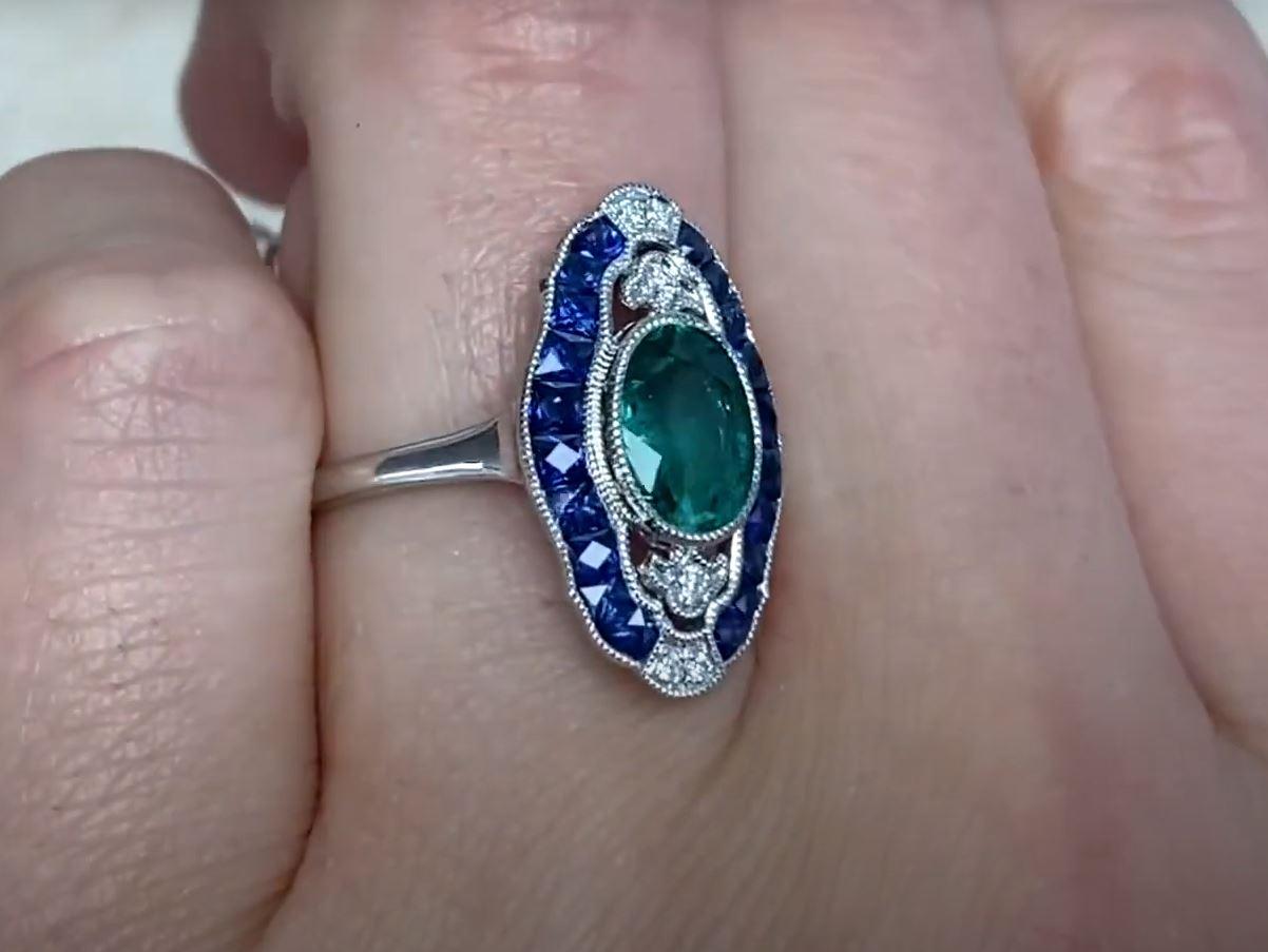 1.03ct Oval Cut Natural Emerald Cocktail Ring, Sapphire Halo, Platinum For Sale 1