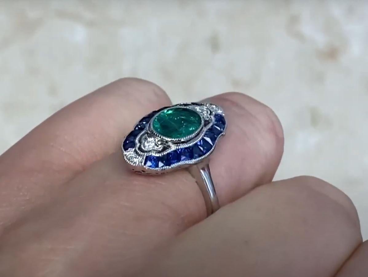 1.03ct Oval Cut Natural Emerald Cocktail Ring, Sapphire Halo, Platinum For Sale 2