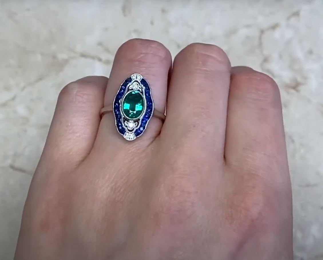 1.03ct Oval Cut Natural Emerald Cocktail Ring, Sapphire Halo, Platinum For Sale 4