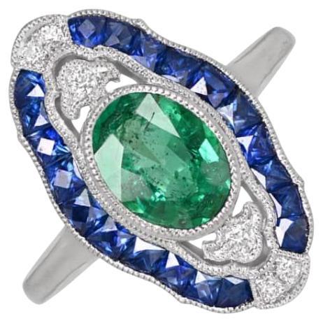 1.03ct Oval Cut Natural Emerald Cocktail Ring, Sapphire Halo, Platinum For Sale