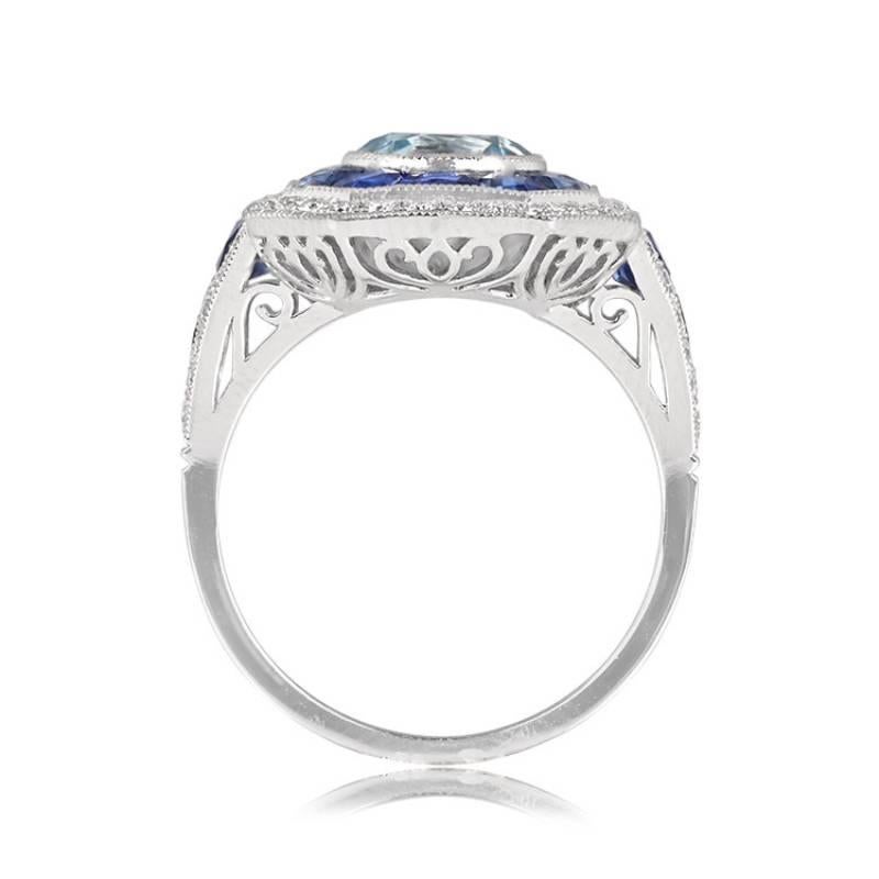 Art Deco 1.03ct Round Cut Aquamarine Engagement Ring, Diamond and Sapphire Halo, Platinum For Sale