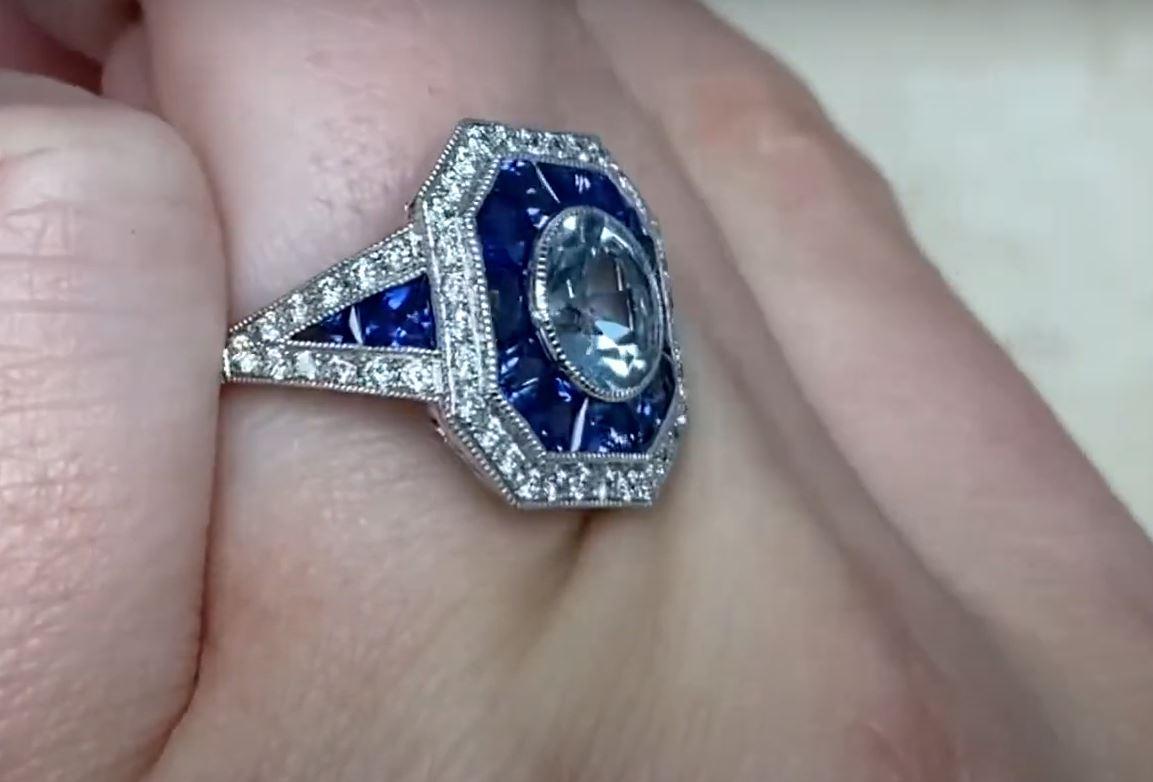 Women's 1.03ct Round Cut Aquamarine Engagement Ring, Diamond and Sapphire Halo, Platinum For Sale