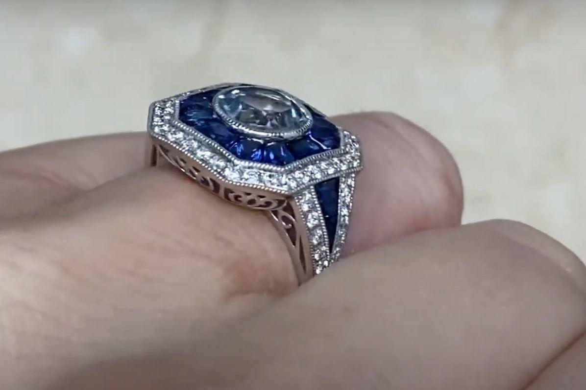 1.03ct Round Cut Aquamarine Engagement Ring, Diamond and Sapphire Halo, Platinum For Sale 1