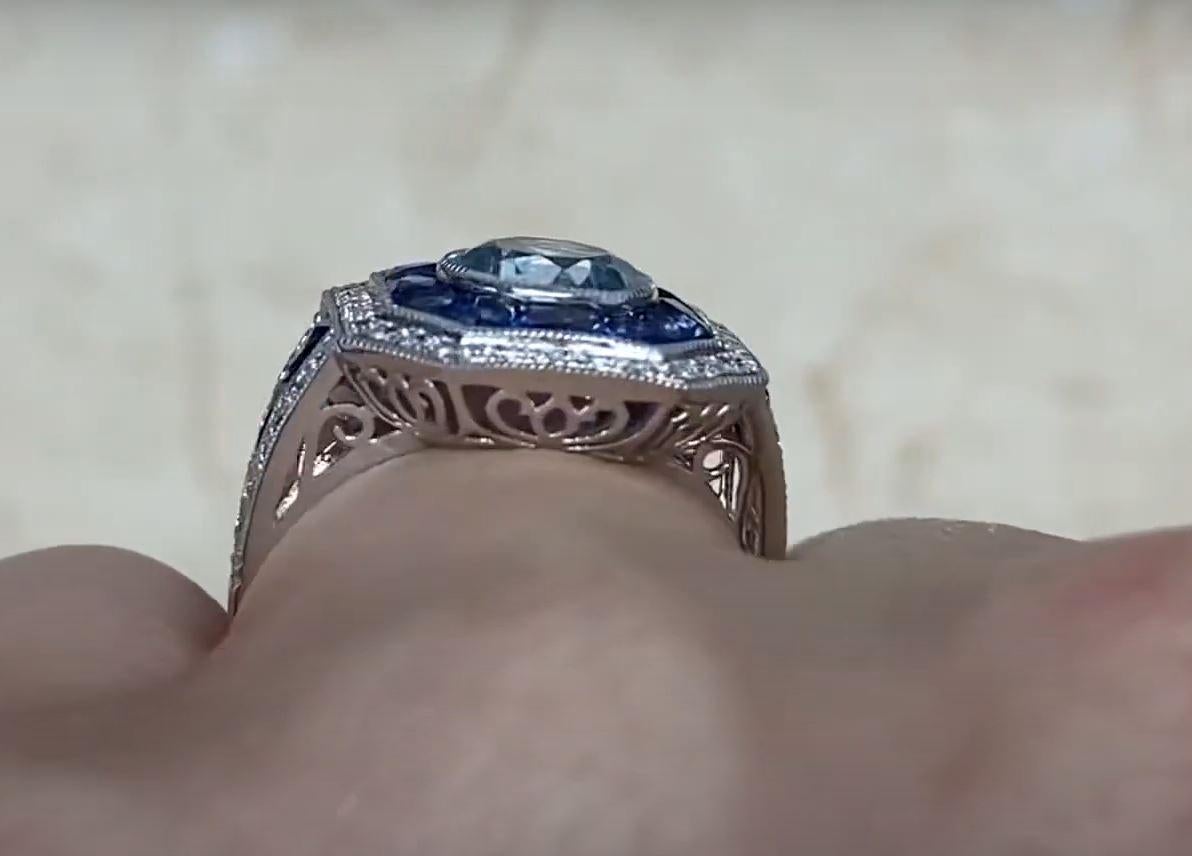 1.03ct Round Cut Aquamarine Engagement Ring, Diamond and Sapphire Halo, Platinum For Sale 2