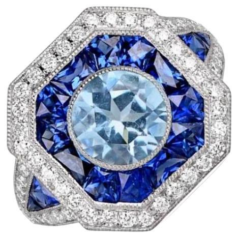 1.03ct Round Cut Aquamarine Engagement Ring, Diamond and Sapphire Halo, Platinum For Sale