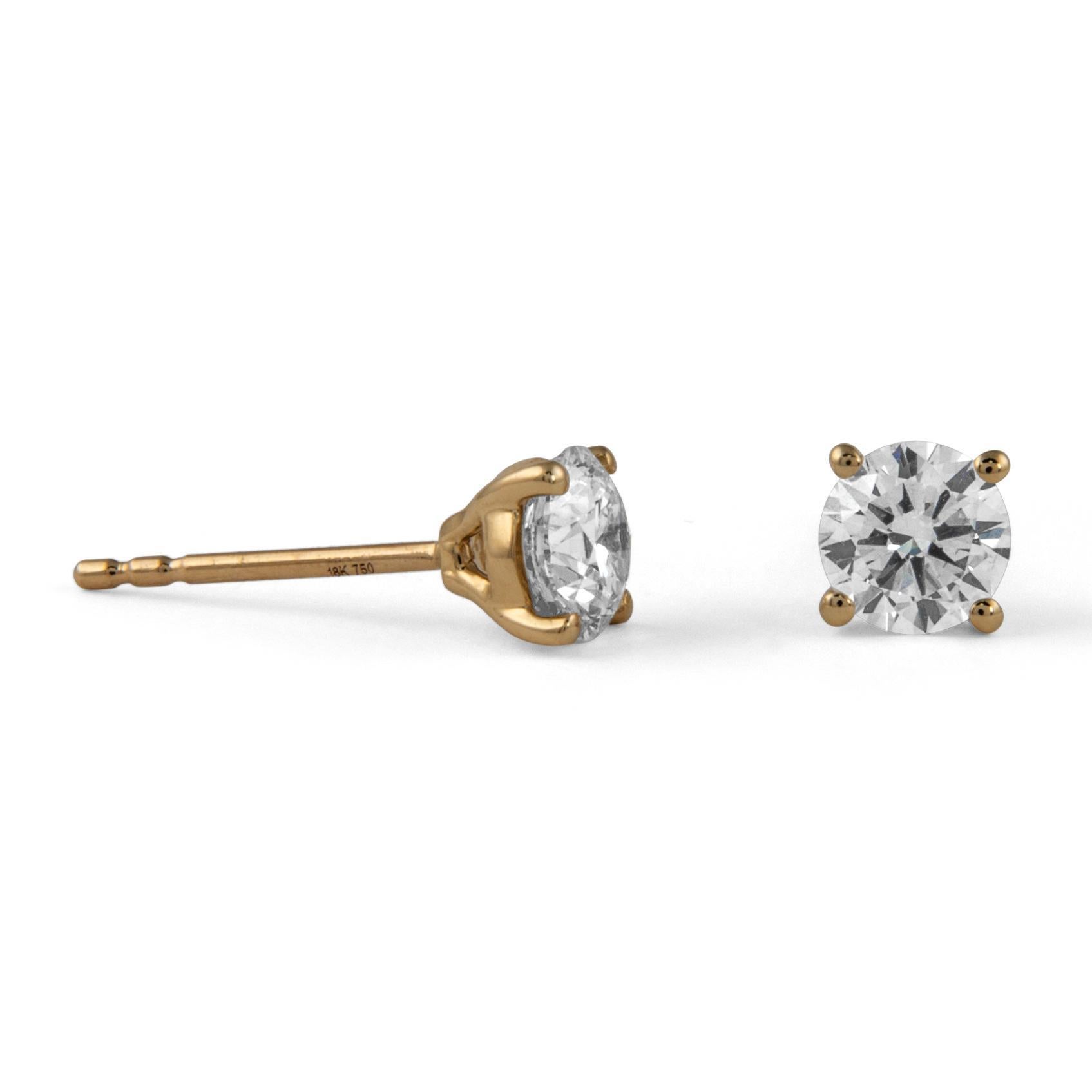Contemporary 1.03ct Round Diamond Stud Earrings 18k Yellow Gold For Sale