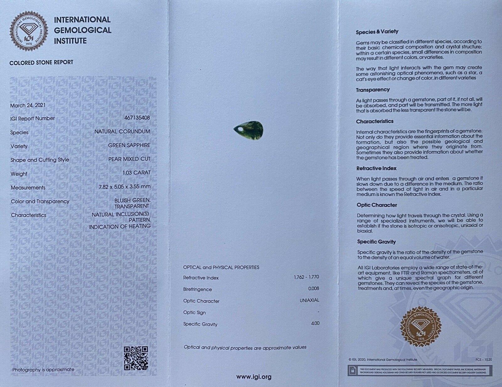 1.03 Karat unbehandelter grüner blauer Saphir IGI-zertifizierter unerhitzter Birnenschliff Edelstein (Tropfenschliff) im Angebot